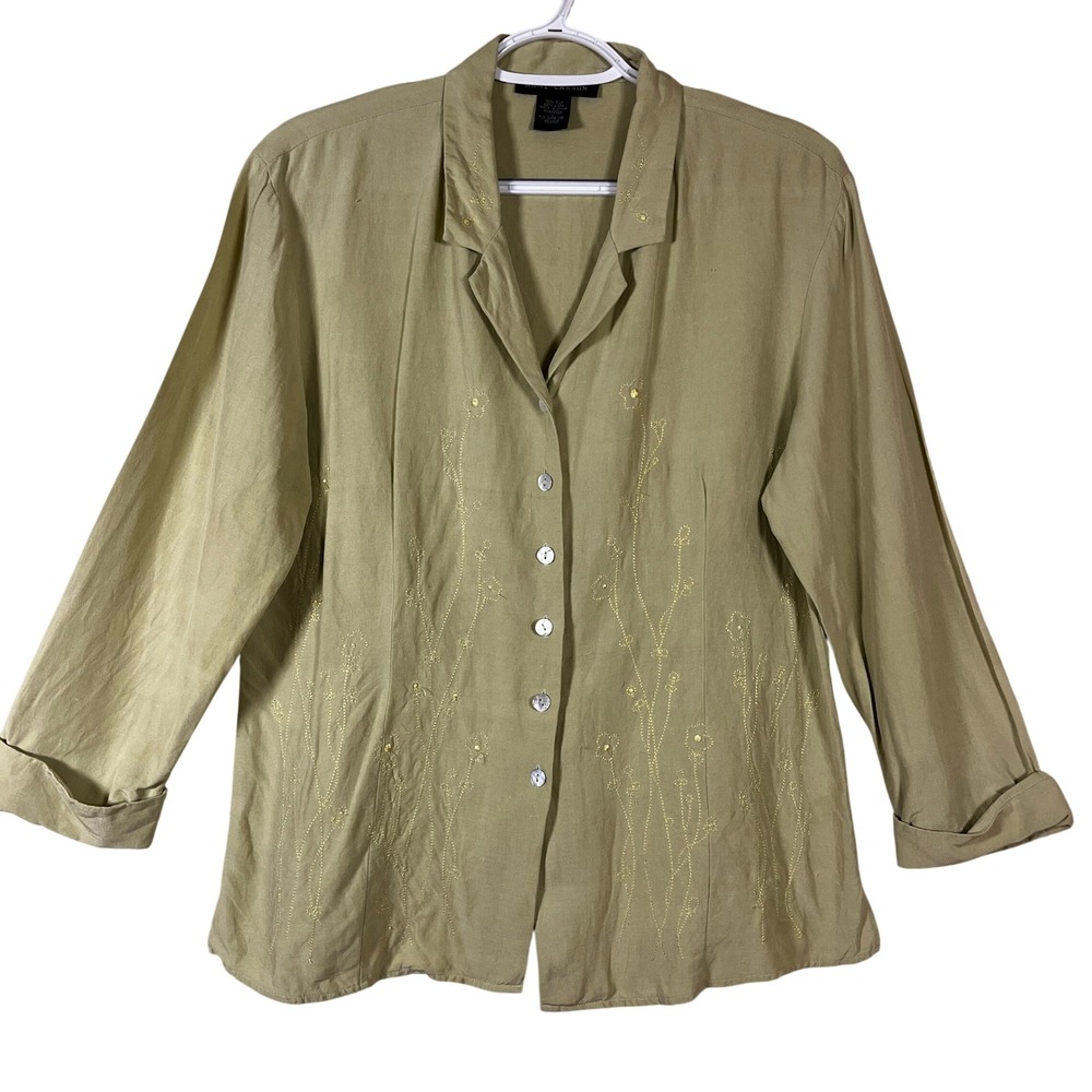 00’s Anne Carson Silk Linen Floral Embroidered Button Blouse Sage L Lagenlook